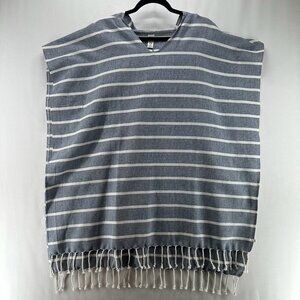 Zestt Organics Poncho Cape Womens One Size Hooded Fringe Hem Striped Gray White
